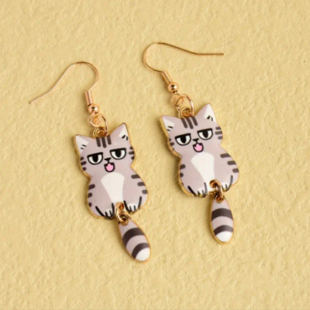 Gray Cat Dangle Earrings